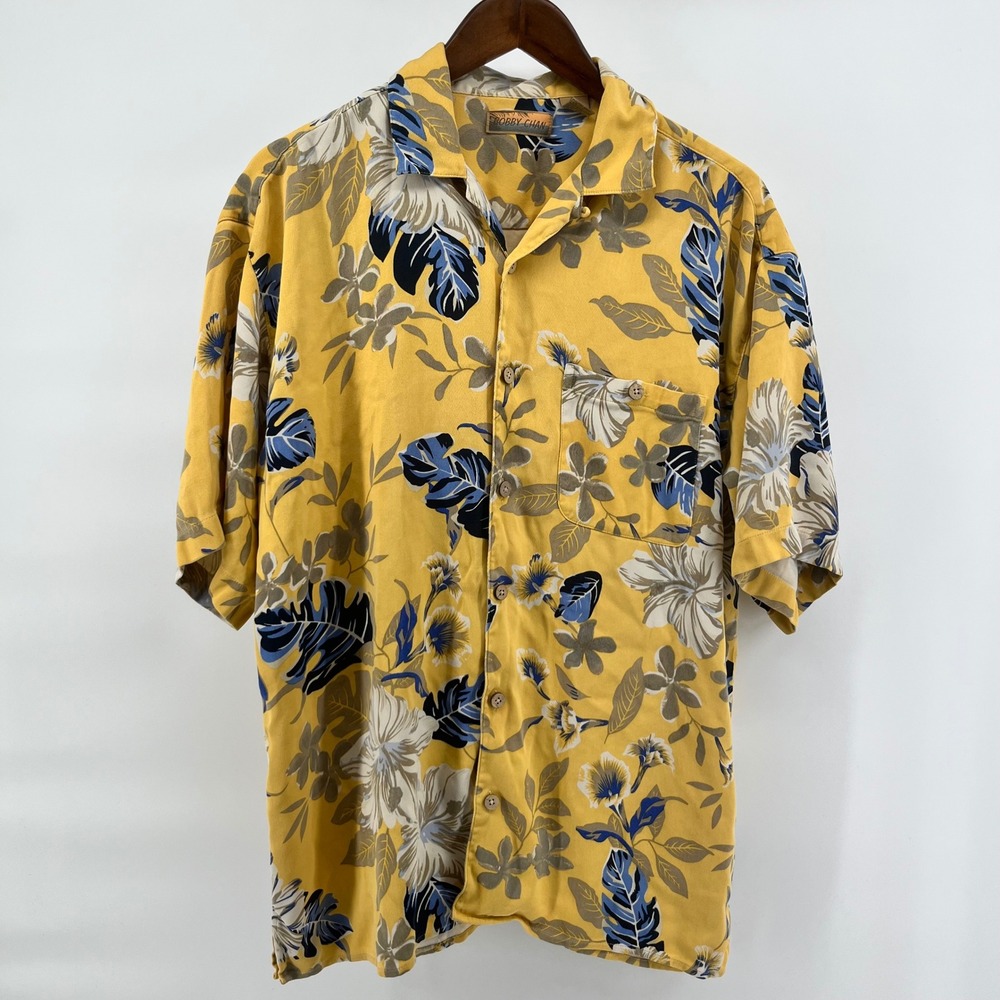 Bobby Chan Mens Large Yellow Silk Tropical Floral Short Sleeve Camp Aloha Shirt